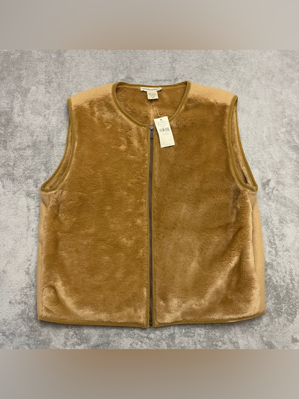 Vtg 90s Banana Republic Fleece Zip Full Vest Women XL Brown Khaki Faux Fur
